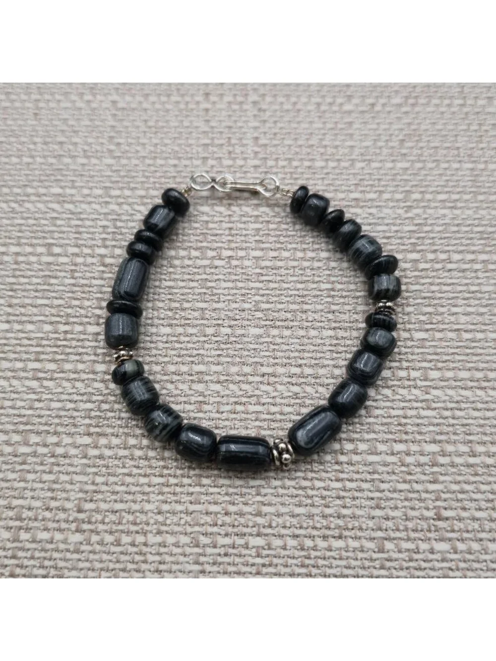7 Inch Sterling Silver Black Striped Agate Gemstone Beaded Bracelet B1460